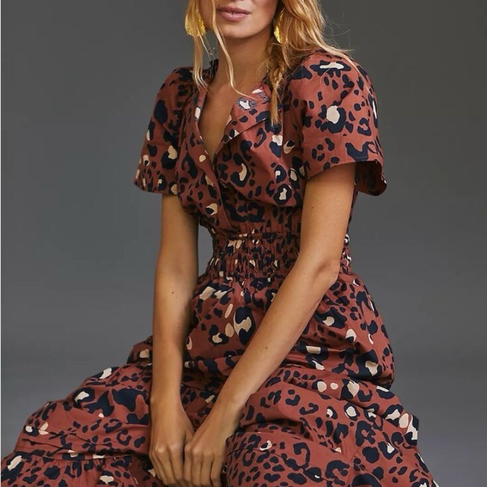 Anthropologie Maeve Somerset Maxi in Leopard Print Tiered Cotton Dress